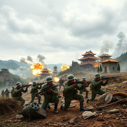 A vivid and dynamic battlefield scene set in the Chinese mainland during 1943, illustrating the Indonesian army fighting against Japanese forces