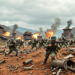 A vivid and dynamic battlefield scene set in the Chinese mainland during 1943, illustrating the Indonesian army fighting against Japanese forces