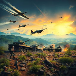A vivid and action-packed scene depicting the Indonesian army fighting against Japanese forces in Vietnam during 1943