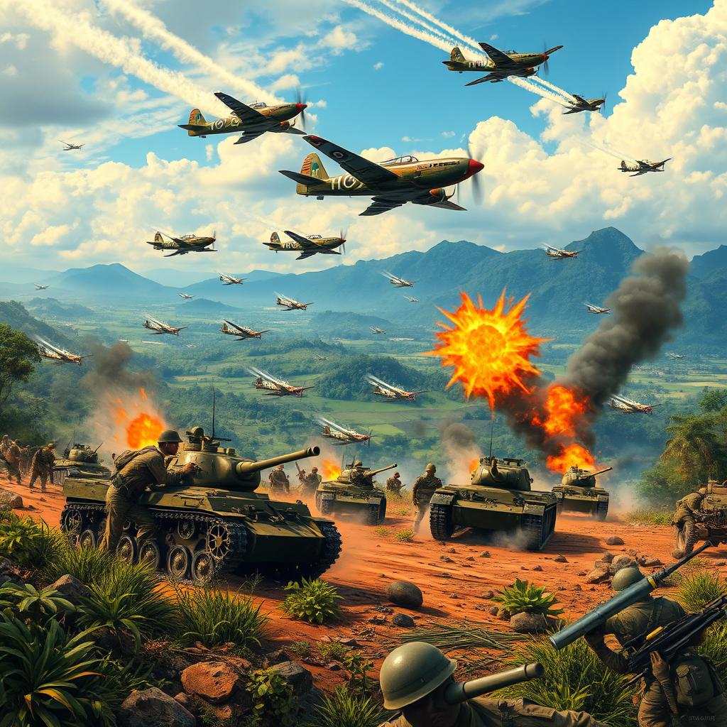 A vivid and action-packed scene depicting the Indonesian army fighting against Japanese forces in Vietnam during 1943