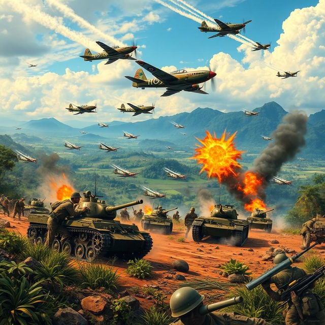 A vivid and action-packed scene depicting the Indonesian army fighting against Japanese forces in Vietnam during 1943