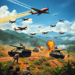 A vivid and action-packed scene depicting the Indonesian army fighting against Japanese forces in Vietnam during 1943