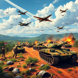 A vivid and action-packed scene depicting the Indonesian army fighting against Japanese forces in Vietnam during 1943