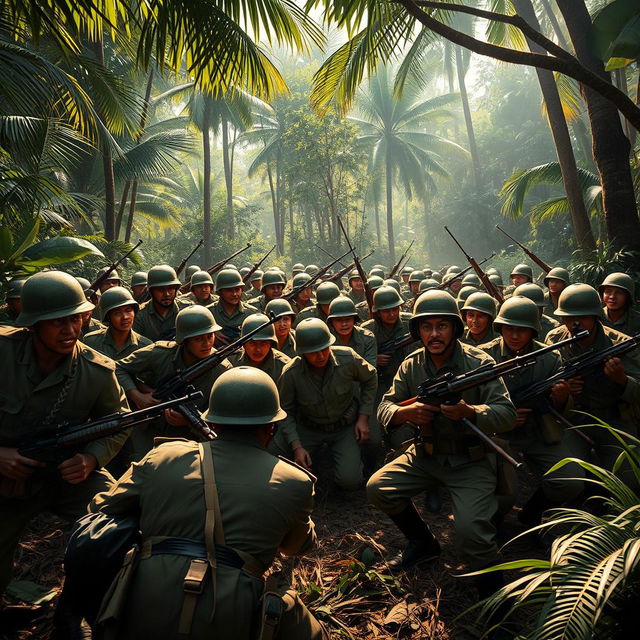 A powerful scene illustrating the Indonesian army capturing Japanese forces during World War II