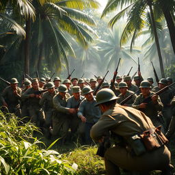 A powerful scene illustrating the Indonesian army capturing Japanese forces during World War II