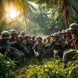 A powerful scene illustrating the Indonesian army capturing Japanese forces during World War II