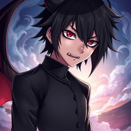 A character with striking black hair and vibrant red eyes, featuring a unique mark on his tongue