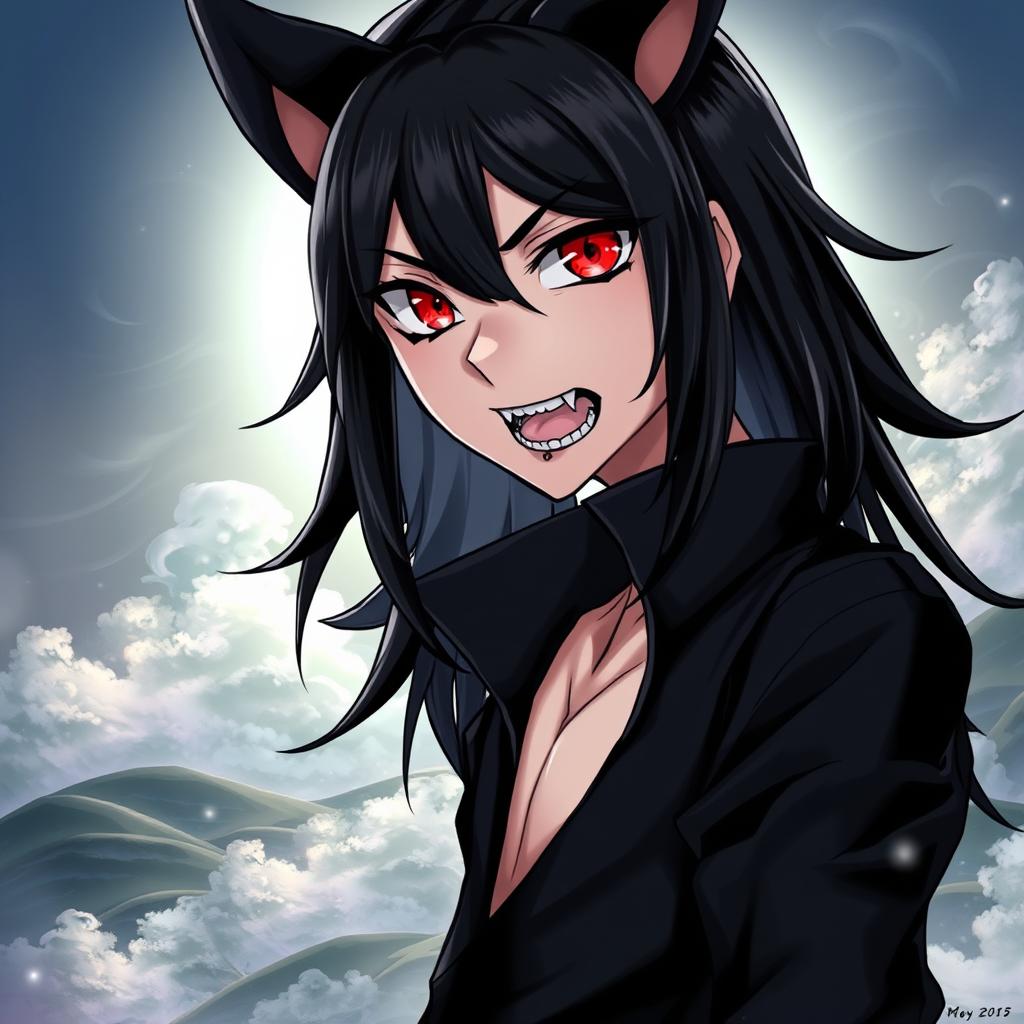 A character with striking black hair and vibrant red eyes, featuring a unique mark on his tongue