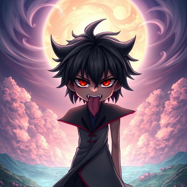 A character with striking black hair and vibrant red eyes, featuring a unique mark on his tongue