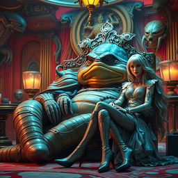 A fantastical and whimsical scene inspired by a sci-fi universe, featuring Jabba the Hutt lounging on his throne in a lavish, opulent chamber adorned with alien decorations