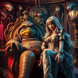 A fantastical and whimsical scene inspired by a sci-fi universe, featuring Jabba the Hutt lounging on his throne in a lavish, opulent chamber adorned with alien decorations