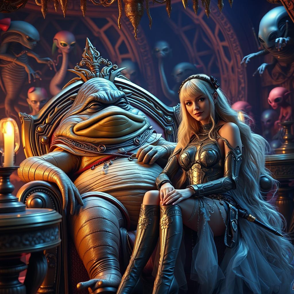 A fantastical and whimsical scene inspired by a sci-fi universe, featuring Jabba the Hutt lounging on his throne in a lavish, opulent chamber adorned with alien decorations