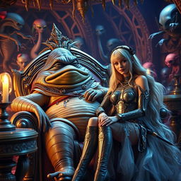 A fantastical and whimsical scene inspired by a sci-fi universe, featuring Jabba the Hutt lounging on his throne in a lavish, opulent chamber adorned with alien decorations