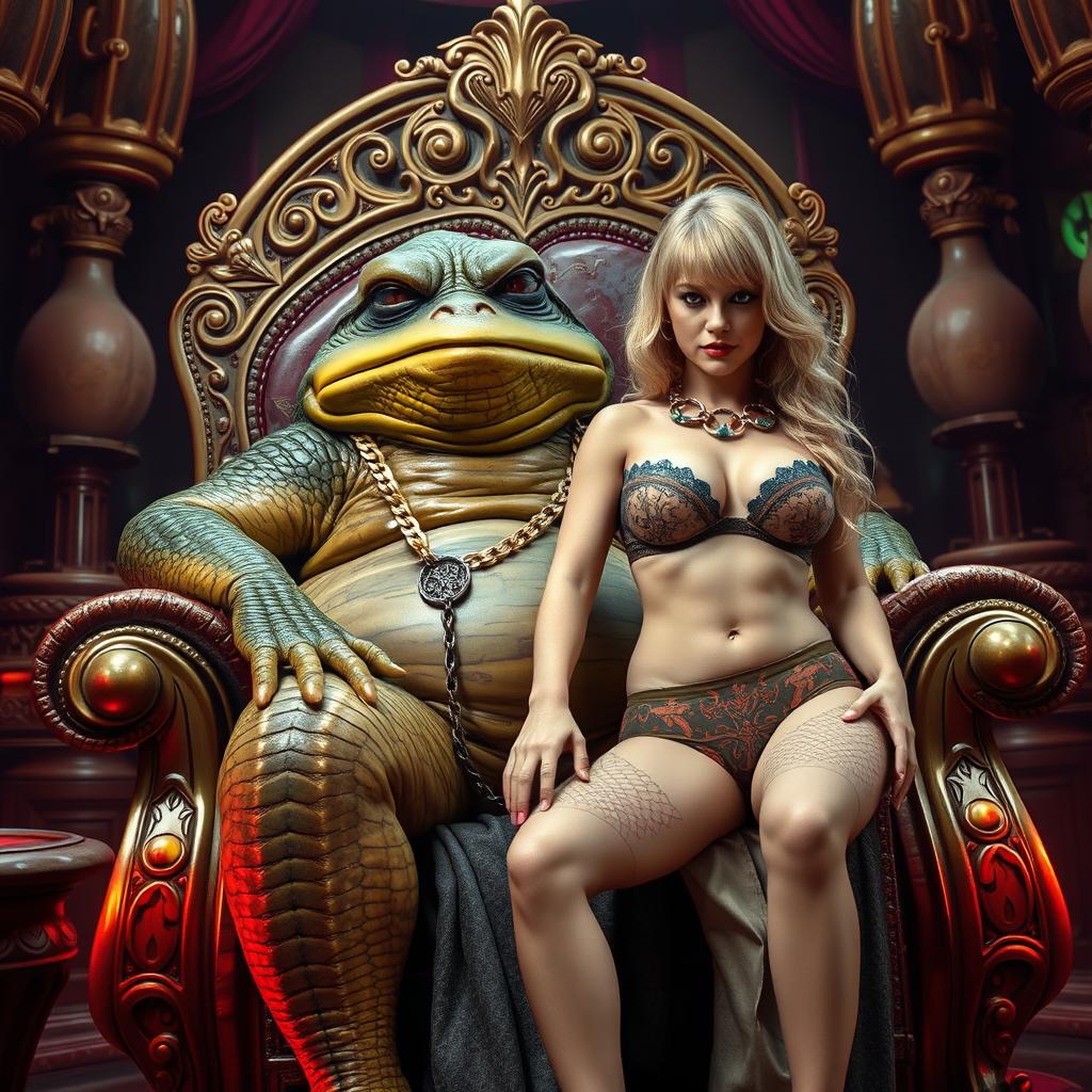 A surreal and striking scene featuring Jabba the Hutt in his opulent throne room, where he sits confidently on his lavish throne