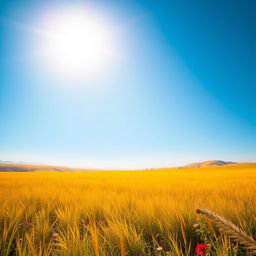 A serene and vibrant landscape featuring a vast meadow under a clear blue sky
