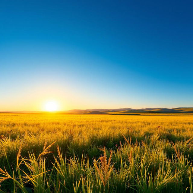 A serene and vibrant landscape featuring a vast meadow under a clear blue sky