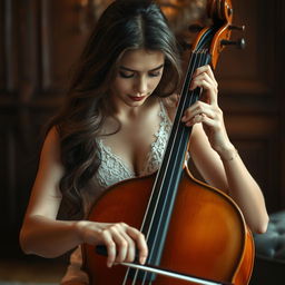 A beautiful cellist wearing elegant lace lingerie, deeply focused as she plays her cello