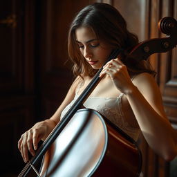 A beautiful cellist wearing elegant lace lingerie, deeply focused as she plays her cello