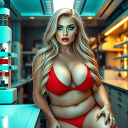 A plus-sized, beautiful woman with long, flowing blond hair and striking blue eyes, adorned with mint green eyeshadow, bold black eyeliner, and luscious long eyelashes