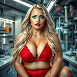 A plus-sized, beautiful woman with long, flowing blond hair and striking blue eyes, adorned with mint green eyeshadow, bold black eyeliner, and luscious long eyelashes