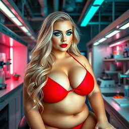 A plus-sized, beautiful woman with long, flowing blond hair and striking blue eyes, adorned with mint green eyeshadow, bold black eyeliner, and luscious long eyelashes