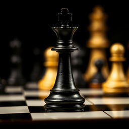 A chessboard scene featuring a prominent chess king piece in focus, captured from a side angle, showcasing intricate details of its design