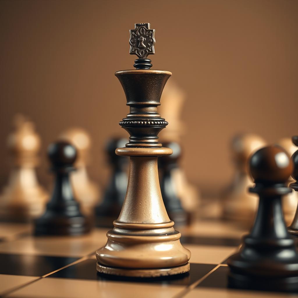 A chessboard scene featuring a prominent chess king piece in focus, captured from a side angle, showcasing intricate details of its design