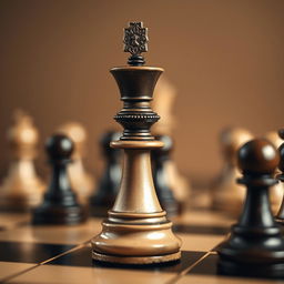 A chessboard scene featuring a prominent chess king piece in focus, captured from a side angle, showcasing intricate details of its design