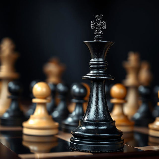 A chessboard scene featuring a prominent chess king and queen pieces in focus, captured from a side angle, showcasing intricate details of their designs