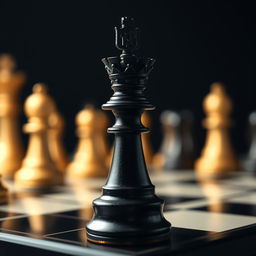 A chessboard scene featuring a prominent chess king and queen pieces in focus, captured from a side angle, showcasing intricate details of their designs