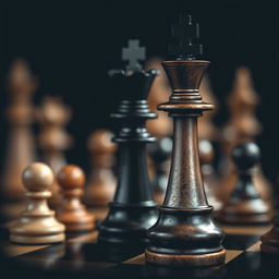 A chessboard scene featuring a prominent chess king and queen pieces in focus, captured from a side angle, showcasing intricate details of their designs