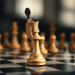 Aesthetic chess scene focusing on a black and white color palette with shades of brown, featuring the king piece prominently on a chessboard