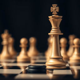 Aesthetic chess scene focusing on a black and white color palette with shades of brown, featuring the king piece prominently on a chessboard