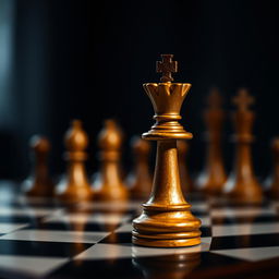 Aesthetic chess scene focusing on a black and white color palette with shades of brown, featuring the king piece prominently on a chessboard