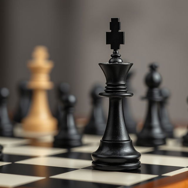 Aesthetic chess scene focusing on a black and white color palette with shades of brown, featuring the king piece prominently on a chessboard