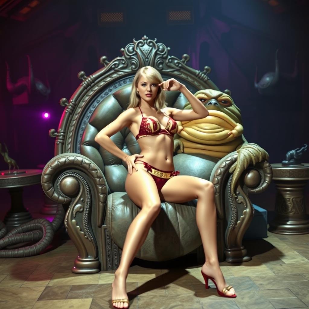 A vivid and imaginative scene set in a sci-fi universe, featuring a character resembling Taylor Swift in a stylish bikini and underwear, posed confidently on Jabba the Hutt's extravagant throne