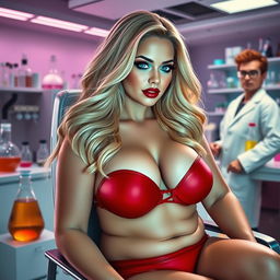 A stunningly beautiful, chubby woman with round features, luxurious blond hair flowing around her shoulders, bright blue eyes highlighted with mint green eye shadow, bold black eyeliner, and long, fluttering eyelashes