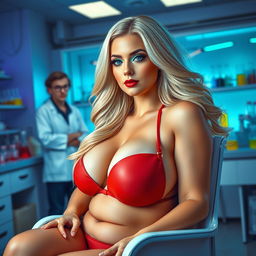 A stunningly beautiful, chubby woman with round features, luxurious blond hair flowing around her shoulders, bright blue eyes highlighted with mint green eye shadow, bold black eyeliner, and long, fluttering eyelashes