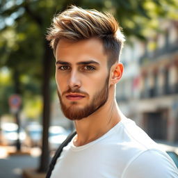 A handsome young man with a stylish low beard, deep expressive eyes, and a confident expression