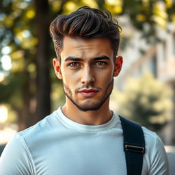 A handsome young man with a stylish low beard, deep expressive eyes, and a confident expression