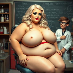 A very fat, very round, very obese but beautiful woman with lovely blond hair and blue eyes, adorned with mint green eye shadow, black eyeliner, mascara, and long eyelashes