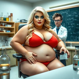 A very fat, very round, very obese but beautiful woman with lovely blond hair and blue eyes, adorned with mint green eye shadow, black eyeliner, mascara, and long eyelashes
