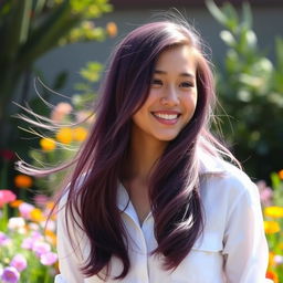 A young woman with long, flowing violet hair, wearing a crisp white shirt