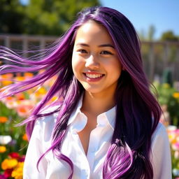 A young woman with long, flowing violet hair, wearing a crisp white shirt