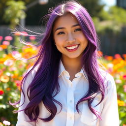 A young woman with long, flowing violet hair, wearing a crisp white shirt