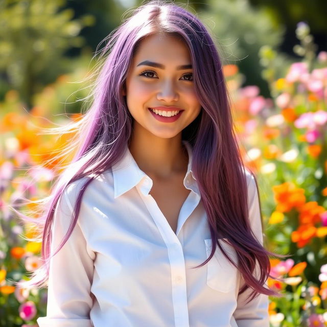 A young woman with long, flowing violet hair, wearing a crisp white shirt