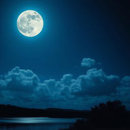 A stunning view of a full moon shining brightly in a clear night sky, surrounded by soft, fluffy clouds