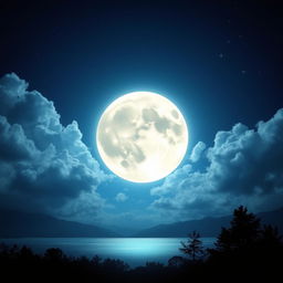 A stunning view of a full moon shining brightly in a clear night sky, surrounded by soft, fluffy clouds