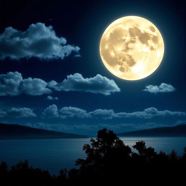 A stunning view of a full moon shining brightly in a clear night sky, surrounded by soft, fluffy clouds