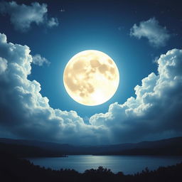 A stunning view of a full moon shining brightly in a clear night sky, surrounded by soft, fluffy clouds